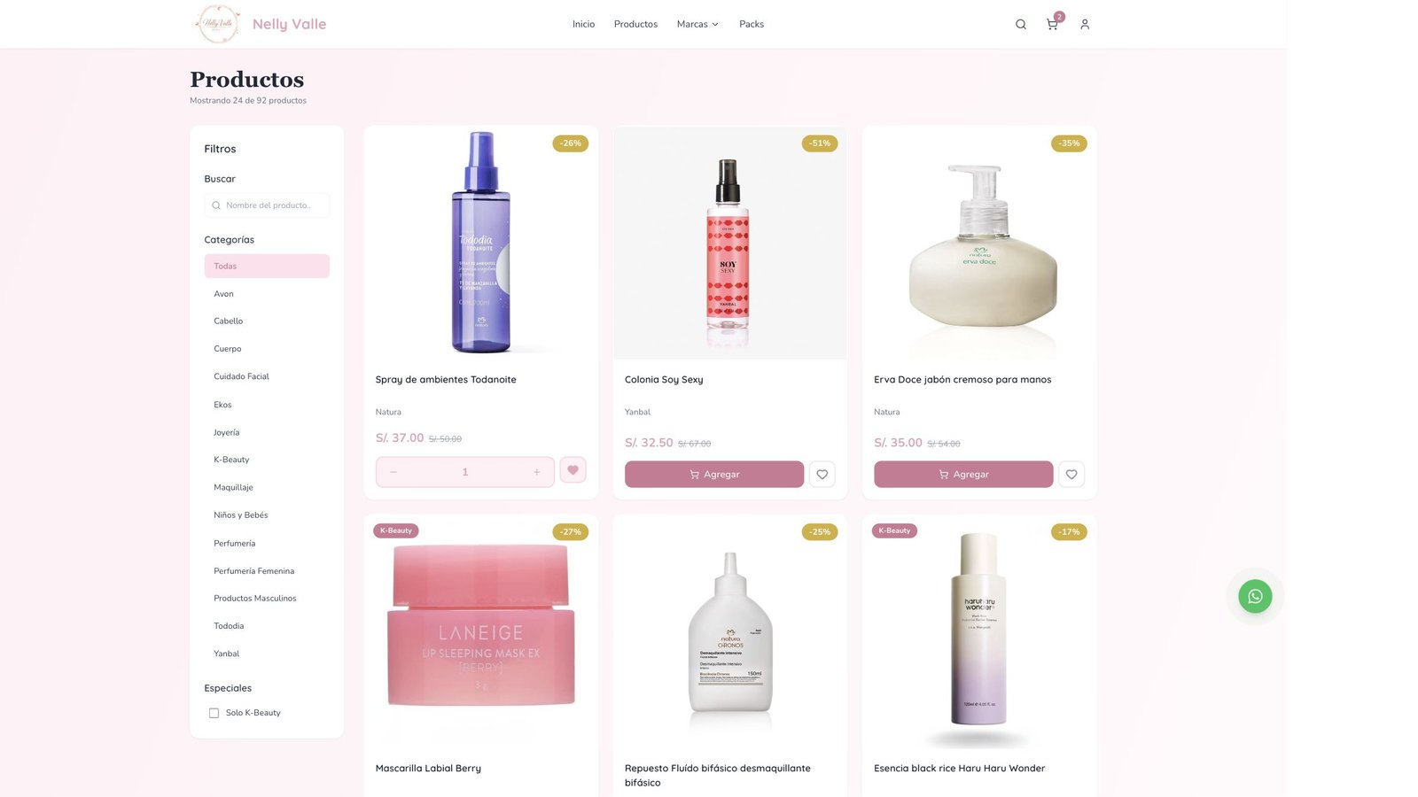 Vista del e-commerce de Nelly Valle Beauty.